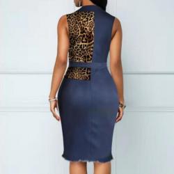 Leopard Patchwork Denim Midi Dres